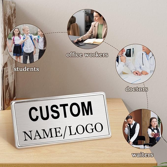 Custom Name Tags ID Badges with Logo Name Personalized Name Badges Name Tag ID Badges with Pin Backing Customizable Name Badges for Business Offices Stores Restaurant, 1.5x2.8 in, 150PCS