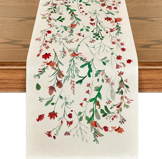 Artoid Mode Floral Leaves Christmas Table Runner, Wild Flowers and Grasses Winter Kitchen Dining Table Decoration for Home Party Decor 13x120 Inch