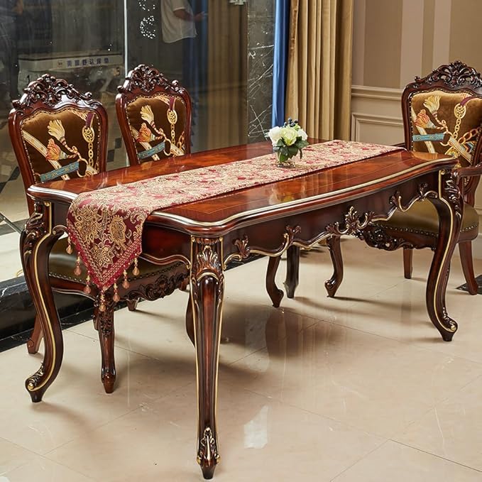 Luxury Vintage Design Table Runner 60 inches Long Embroidery Jacquard Fabric with Multi-Tassels Table Runners for Dining Room Dresser Christmas Thanksgivi Party Fireplace Decorations (Red, 12X60inch)