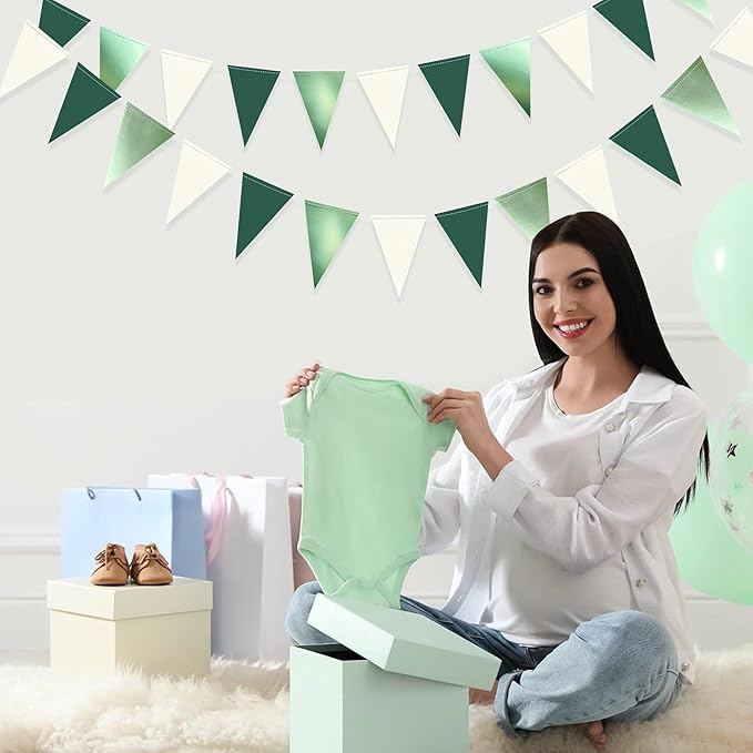 Sage Green Decorations Hanging Paper Pennant Banner Flag Green Beige Triangle Bunting Garland for Birthday Baby Shower Wedding Engagement Neutral Safari Wild One Woodland Jungle Theme Party Supplies