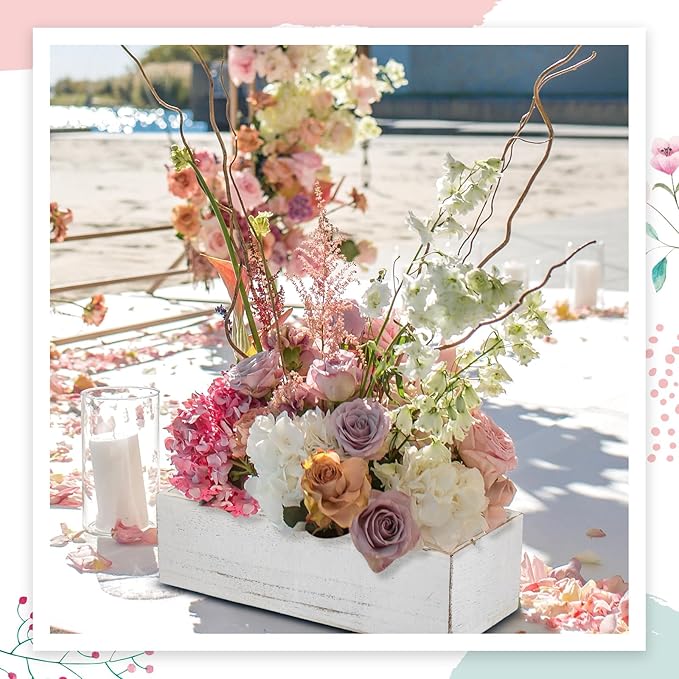 Planter Boxes Set of 4, White Rustic Wood Centerpiece Boxes with Liners
