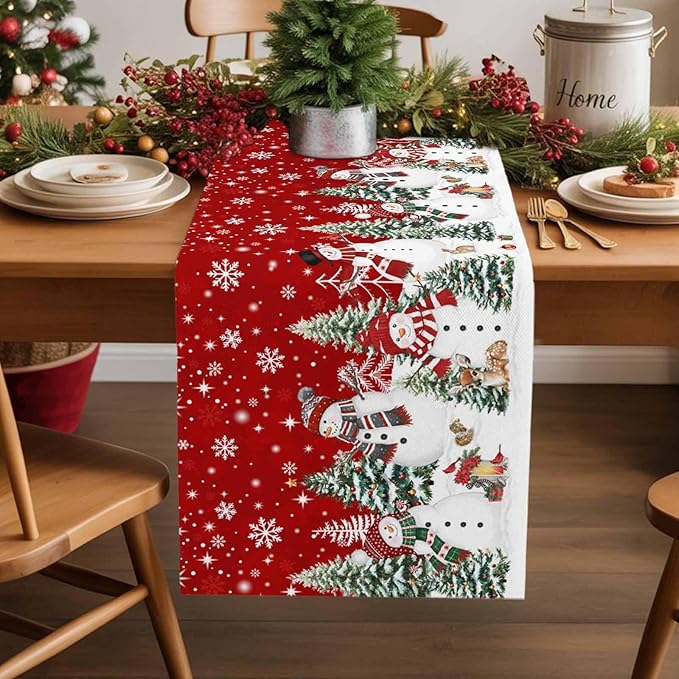 Christmas Snowman Cotton Linen Table Runner for Dining Kitchen, Xmas Tree White Snowflakes Winter Wedding Outdoor Party Tablerunners Decoration, Dresser Scarf Coffee Tablecloth Runners 13x36 Inches