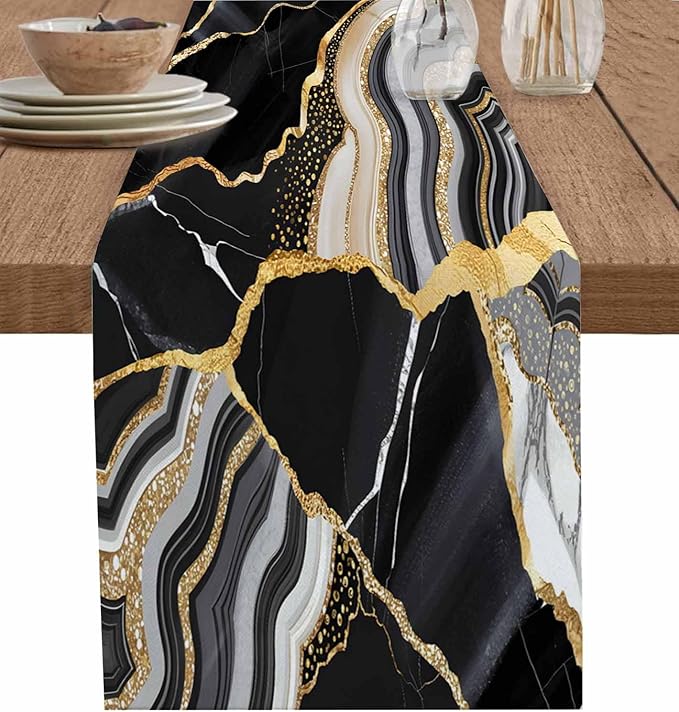Geometric Black Marble Cotton Linen Table Runner for Dining Kitchen, Wedding Outdoor Party Tablerunners Decoration,Farm Marble Liquid Ripple Abstract Dresser Scarf Coffee Tablecloth Runners 13''x108''