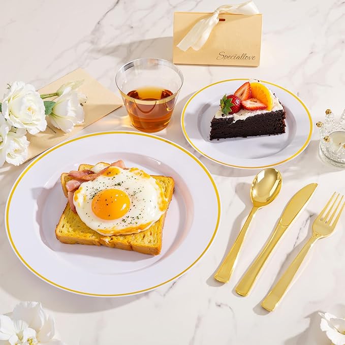 SUT 350 Pcs Gold and White Plastic Dinnerware Set for 50 Guests, Include: 50 Dinner Plates, 50 Dessert Plates, 50 Pre Rolled Napkins With Silverware, 50 Cups, Disposable Plates for Party, Wedding