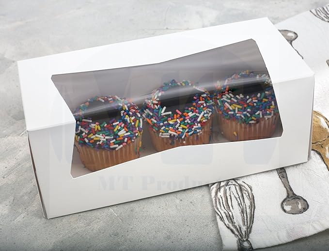 MT Products White Cupcake Boxes 9" x 4" x 3.5" - Auto Pop-Up Bakery Boxes with Window (Pack of 25) - Made in the USA
