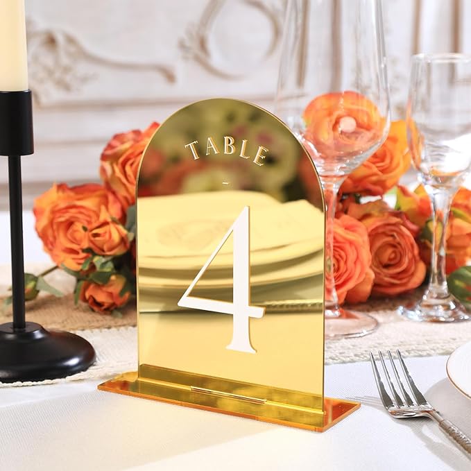 UNIQOOO Gold Mirror Arch Wedding Table Numbers with Stands 1-15, 5x7 Acrylic Display Signs and Holders, Pack of 15, Perfect for Centerpiece, Reception, Decoration, Party, Anniversary, Event