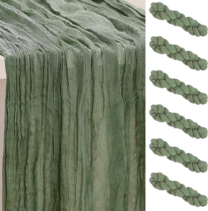 6 Pack Sage Green Cheesecloth Table Runner 35x120 Inch 10Ft Rustic Gauze Cheese Cloth Table Runner Sheer Cheesecloth Table Runners for Wedding Party Bridal Shower Decoration