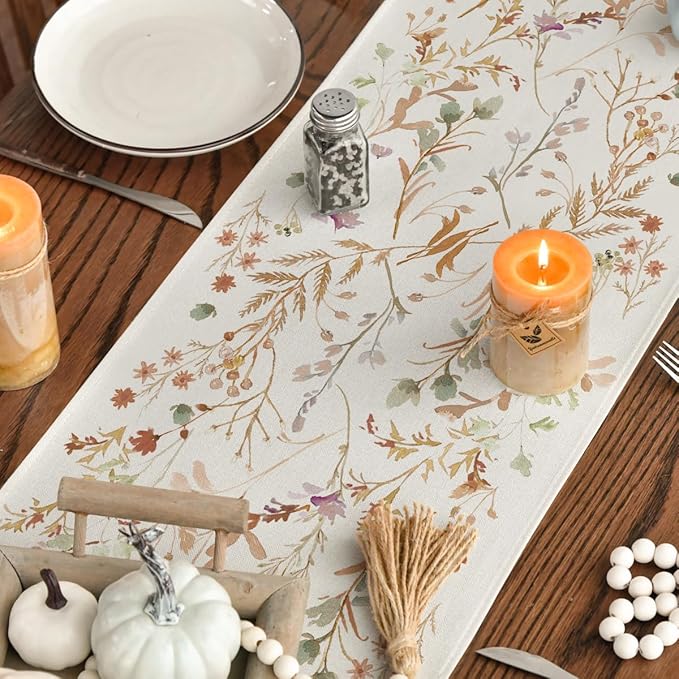 Artoid Mode Floral Leaves Fall Table Runner, Wild Flowers and Grasses Seasonal Autumn Kitchen Dining Table Decoration for Home Party Decor 13x36 Inch