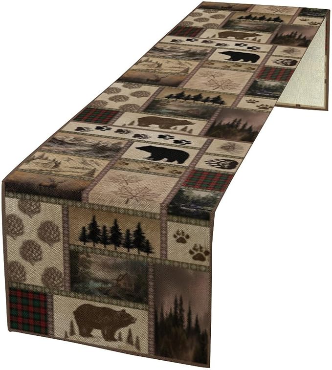 Retro Rusticd Cabin Table Runner Bear Country Farmhouse Vintage Lodge Table Runner for Party Dinner Festival Bedroom Living Room Kitchen 13x108 Inch
