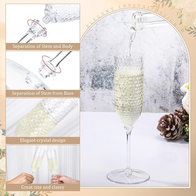 Champagne Glasses, 24 Clear Plastic Flutes with Diamond Pattern