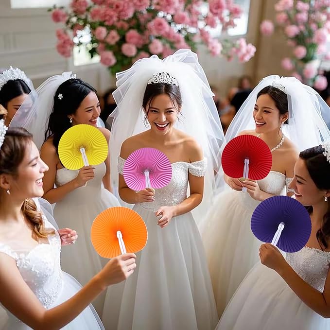 12 Packs Decorative Paper Folding Hand Fans Handheld,Grass Green Round Foldable Wedding Fans Chinese and Japanese Fans Bulk for Bridal Guest Church Party Favors Dancing Birthday DIY