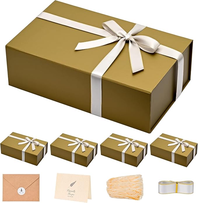 LIFELUM Magnetic Gift Boxes 5 Pack 13.85 x 8.35 x 4.45 inch Rectangle Collapsible Boxes with Lids and Ribbon,Card,Shredded Paper Filler Gift Boxes for Presents，Christmas,Birthdays