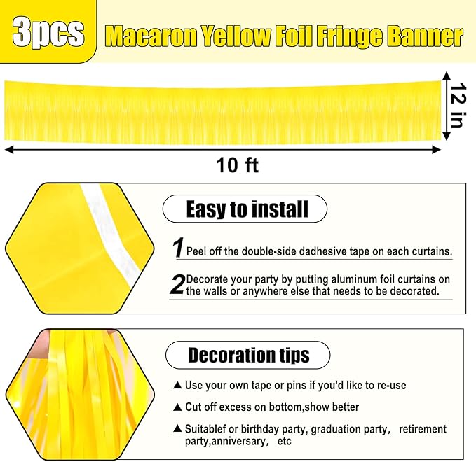 3 Pack 10 Long Yellow Metallic Foil Fringe Garland Wall Hanging Tassle Banner, Mother's Day, Easter, Parade Floats, Birthday, Theme Party, Wedding Party Decorations