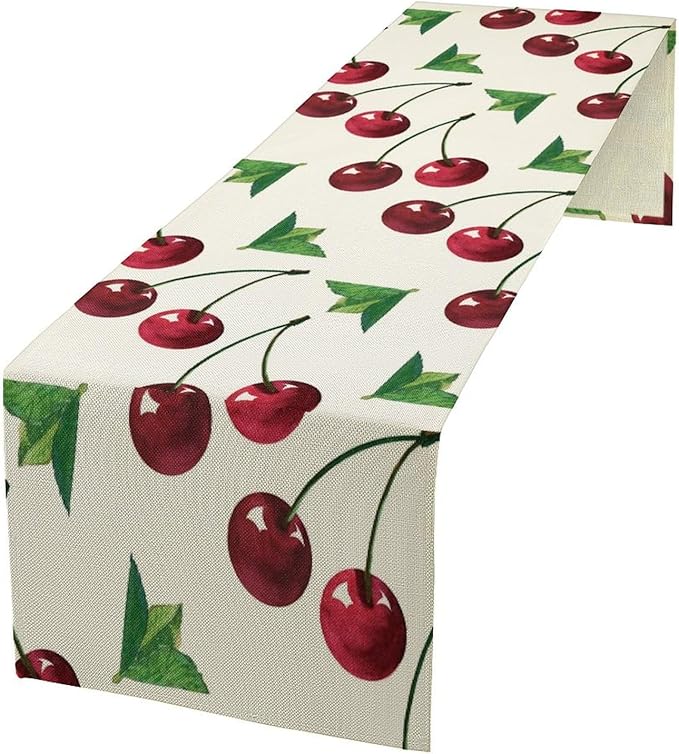 Red Cherry Table Runner Watercolor Tropical Fruit Spring Summer Wild Berry Dinner Runner for Girl Baby Party Holiday Home Kitchen Dining Table Decor 13x60