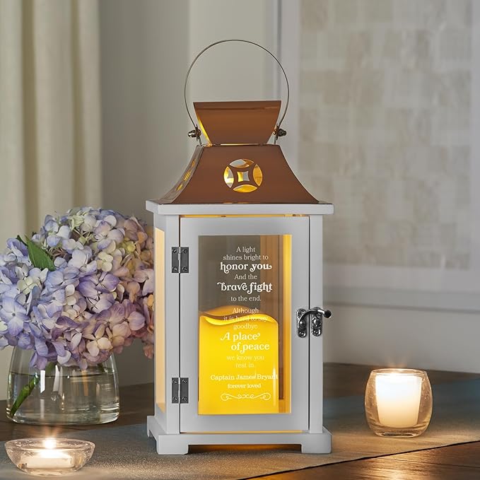 Decorative Candle Lantern, Memorial Design, Copper Finish, 13.5-Inch Tall