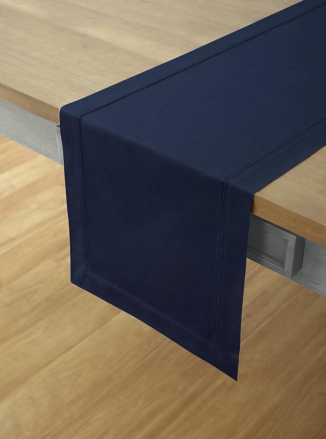 Solino Home Navy Blue Table Runner 60 Inches - Cotton Linen Hemstitch Coffee Table Runner 14 x 60 Inch Ideal for Dresser Tables - Fall, Autumn, Halloween, Thanksgiving, Christmas, Holiday