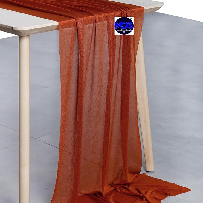 MDS 15 Pack 10ft Chiffon Table Runner 29 x 120 Inches Sheer Wedding Runner Romantic Rustic Table Runner for Wedding Decorations, Birthday Parties, Bridal Shower Party Arch Decor - Terracotta