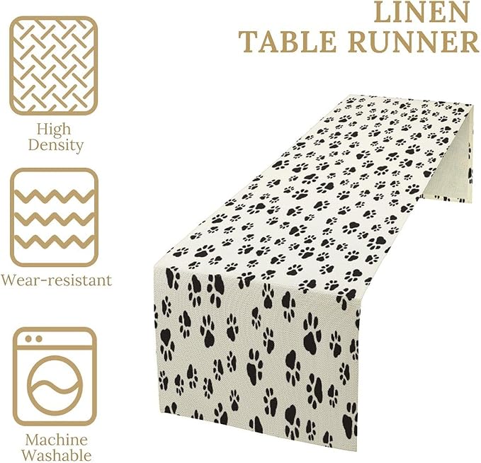 Dog Paws Table Runner,Cartoon Cute Black White Animal Footprints Abstract Tablecloth Burlap for Hotel Indoors Outdoor Dining Room Kitchen Home Decor,W13X L108 in