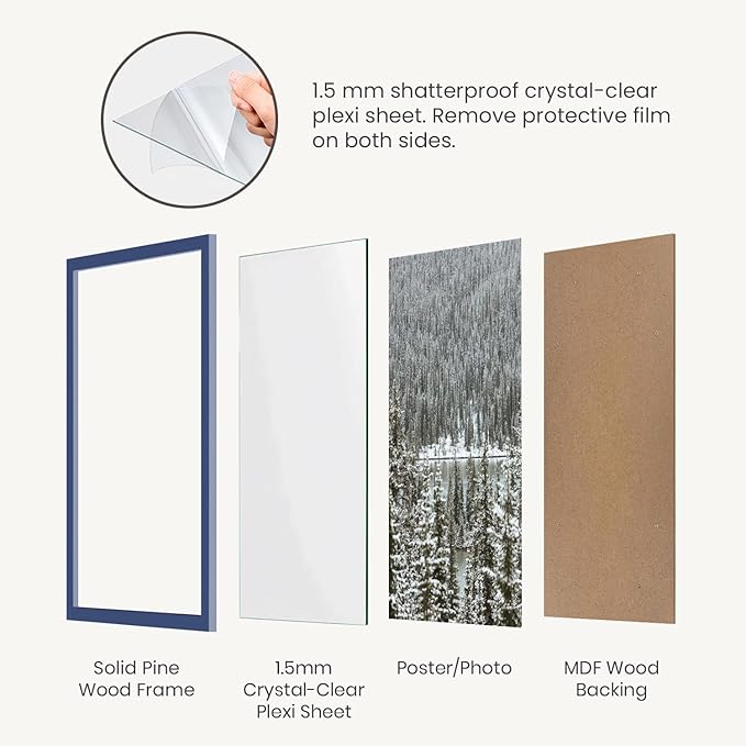 Opposite Wall - 20x28 in, 50x70 cm - Real Wood Blue Picture Frame - Lightweight, Versatile & Shatterproof - Wall Hanging Poster or Photo Frame - Wall Decor for Office, Gallery & Home