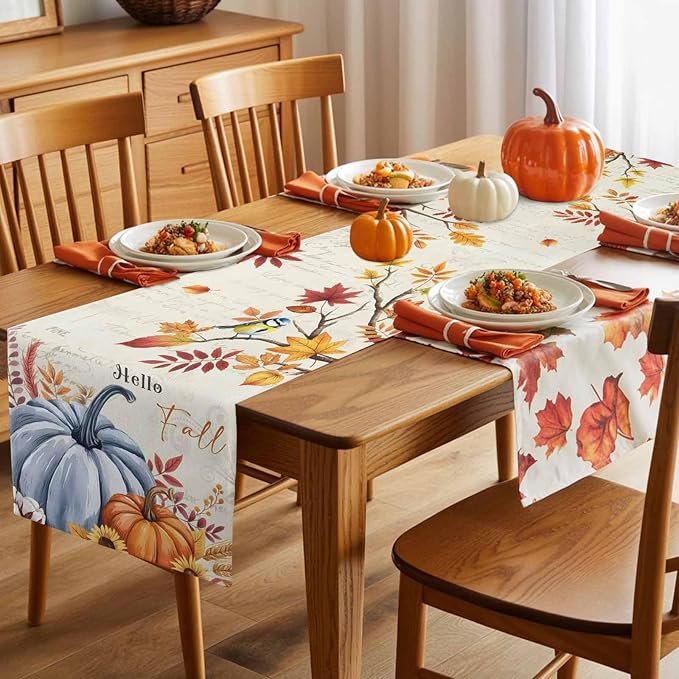 Thanksgiving Fall Cotton Linen Table Runner for Dining Kitchen, Blue Pumpkins Rustic Wedding Outdoor Party Autumn Tablerunners Decoration, Leaves Dresser Scarf Coffee Tablecloth Runners 13x108 Inches