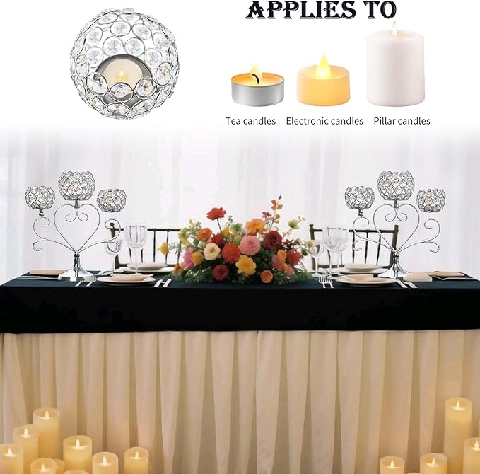 6 Pcs Silver 3-Arm Heart Tea Light Candle Holder - Crystal & Metal Wedding Centerpiece Decor, Sparkling Table Decor for Anniversaries/Romantic Tabletop Home/Dinner Party/Events