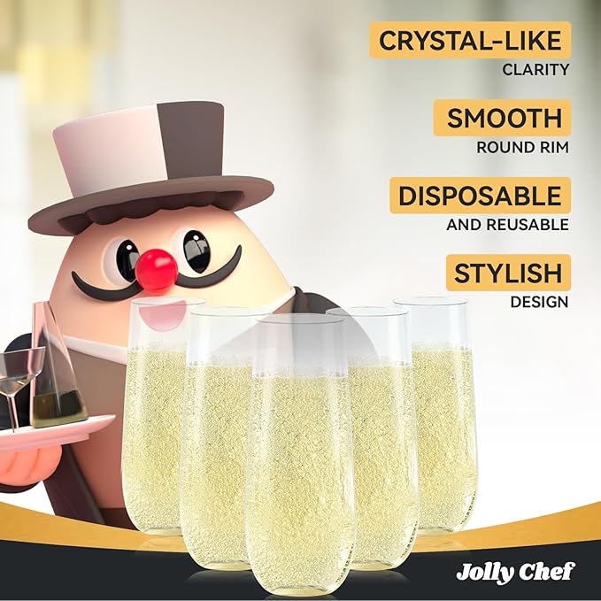 Stemless Champagne Flutes, 9 oz Clear Plastic, 36 Count