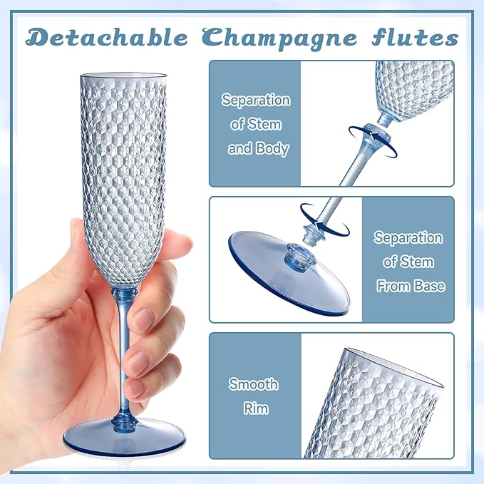 Champagne Glasses, Dusty Blue Detachable Plastic 5.5 oz Flutes