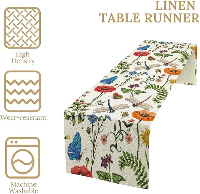 Vintage Botanical Flowers Table Runner, Seasonal Summer Plants Florals Butterfly Dinner Runner for Home Kitchen Dining Table Party Holiday Decoration 13"x60"