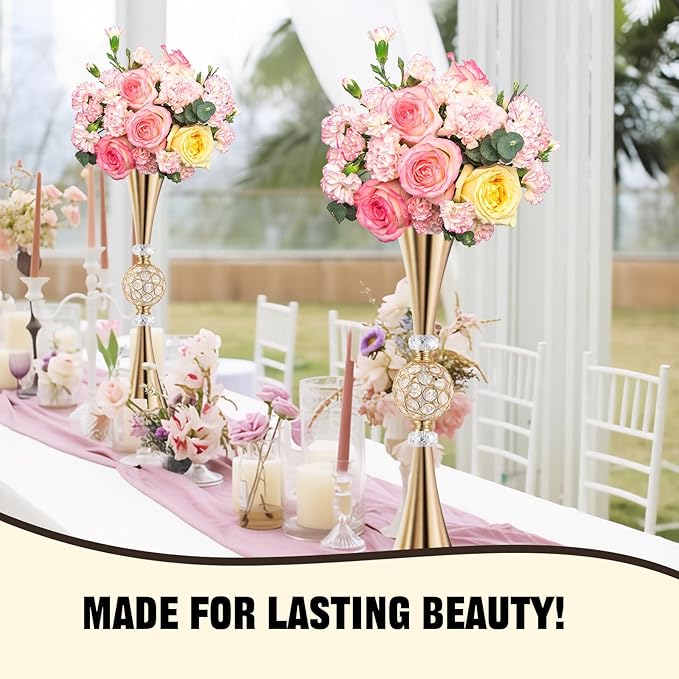 VIJIV Gold Crystal Flower Vases for Centerpieces Tables - Tall Trumpet Vase for Bouquet Decorative, Dining Table Décor Flower Stand with Ribbed Texture for Events, Bridal Showers & Boho Weddings