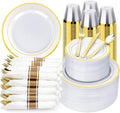 BESTVIP 700PCS Gold Plastic Dinnerware Set for 100 Guests, Disposable Plates for Party, Include: 200 Plastic Plates, 100 Pre Rolled Napkins with Gold Silverware, 100 Cups for Christmas, Halloween