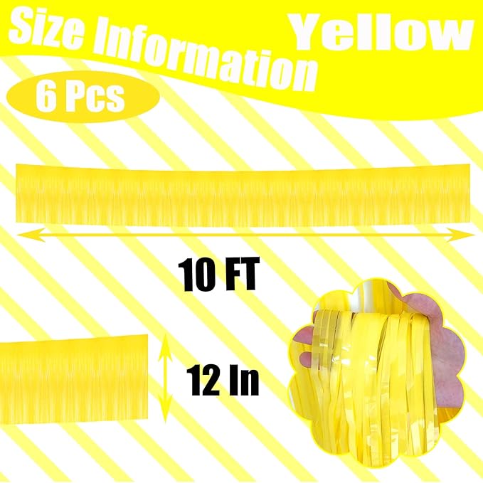 6 Pack 10 Feet Foil Fringe Garland Metallic Tinsel Streamers Banner Wall Hanging Curtain Backdrop Banner for Parade Floats, Thanksgiving, Christmas, Birthday, Halloween Party Decorations(Yellow)