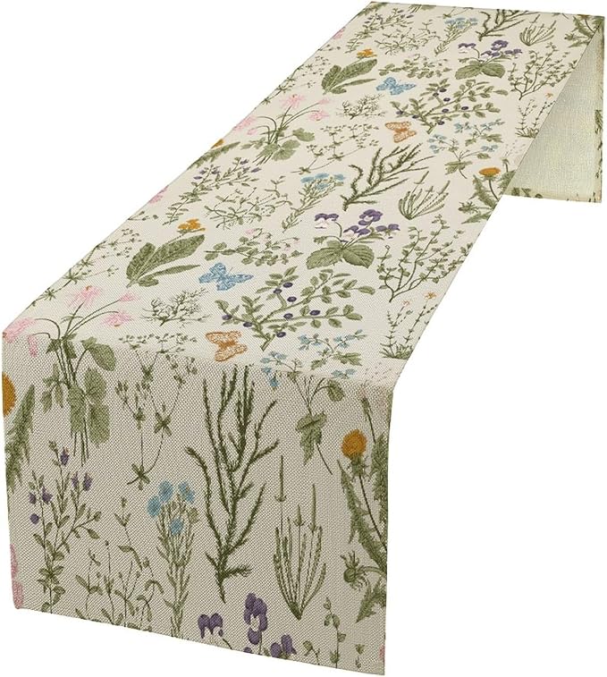 Floral Botanical Table Runner, Garden Spring Flower Botanical Butterfly Animal for Restaurant, Kitchen, Wedding, Party Rectangular Table Runner Decoration,13in（33cm） W * 36in（92cm） L