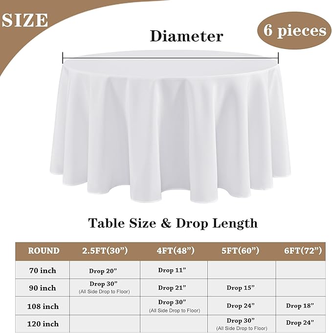 Round Tablecloths 108 Inch White Polyester Fabric 6 Pack