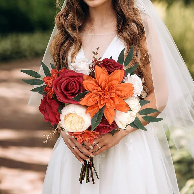 AmyHomie Orange Artificial Flowers Combo Silk Mix Peony Rose Hydrangea Fake Flowers w/Stem for DIY Wedding Bouquets Centerpieces Arrangements Table Fall Decor Party Bridal Baby Shower Home Decorations