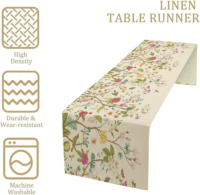 Floral Table Runner, Vintage Birds Wildflowers Herbs Nature Theme Linen Long Table Kitchen Dining Table Holiday Party Decorative Table Runner,13in（33cm） W * 120in（305cm） L