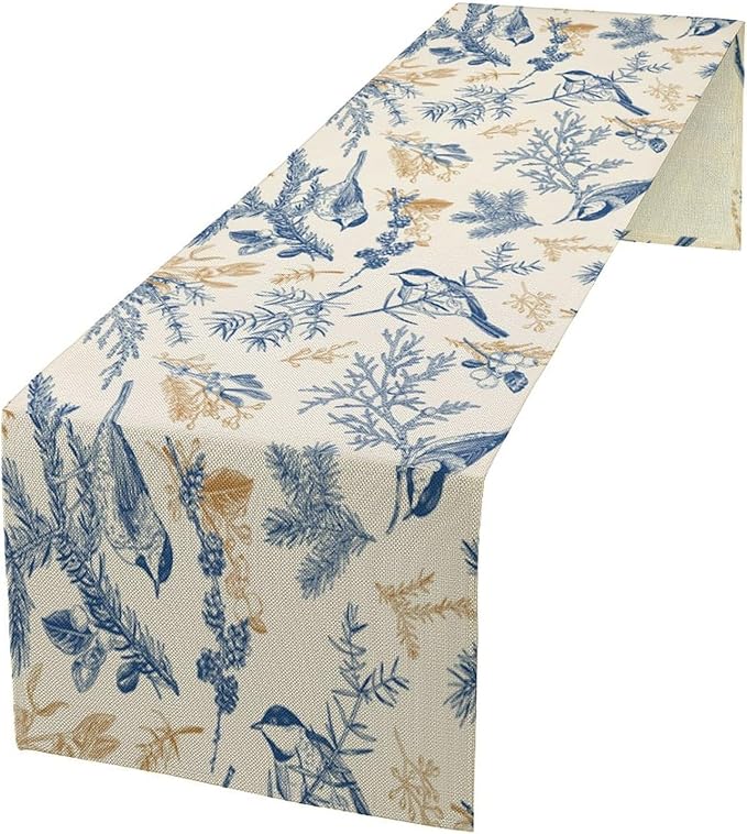 Chinoiserie Flowers Table Runner, Seasonal Spring Fall Plants Blue Florals Birds Dinner Runner for Home Kitchen Dining Table Party Holiday Decoration 13"x36"
