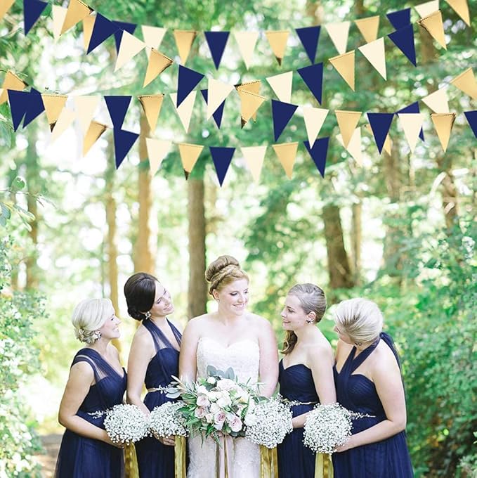 30Ft Navy Blue Gold and Beige Party Decorations Royal Blue Gold Triangle Flag Pennant Banner Bunting for Graduation Birthday Wedding Bridal Shower Nautical Ahoy Achor Theme Party Decorations Supplies