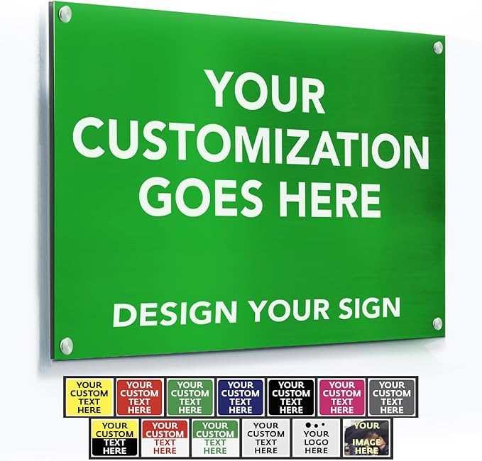 Custom Metal Business Signs, Personalized Aluminum Signs - Waterproof, White (Green Background, 14x10 In)