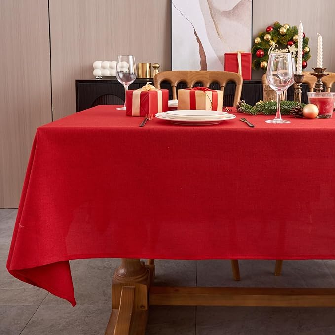 NLMUVW Red Linen Tablecloth Rectangle, Christmas Table Cloth Water Resistant Textured Table Cover for Kitchen Dining Coffee Party, 54 x 78 Inch