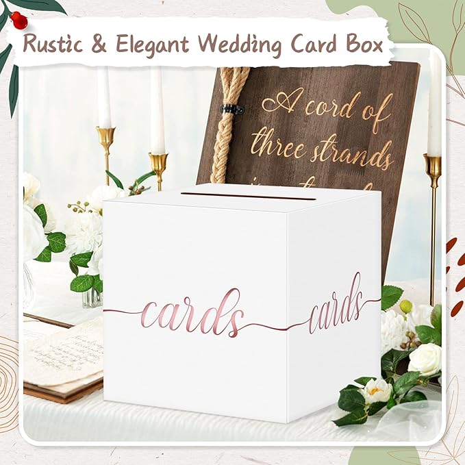 QIKSION White Wedding Card Box, Rose Gold Foil Gift Card Box for Party, Wedding Reception, Graduation, Birthday, Baby Shower, Raffle