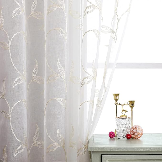 VISIONTEX Sheer Curtains 84 inch Length 2 Panels Set, White Voile Crushed Cream Vine Leaves Embroidery, Rod Pocket Embroidered Window Drapes for Living Room and Bedroom, 54" x 84"