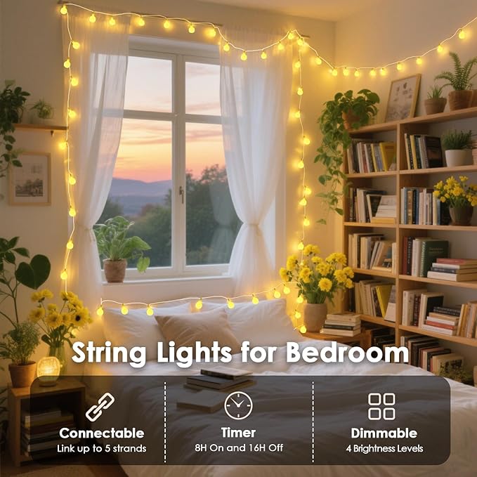 LORRYTE Connectable 43FT 100LED Globe String Lights | 8 Modes Warm White Christmas String Lights Plug in with Remote | Hanging Fairy Light for Indoor Outdoor Bedroom Party Christmas Tree Decor