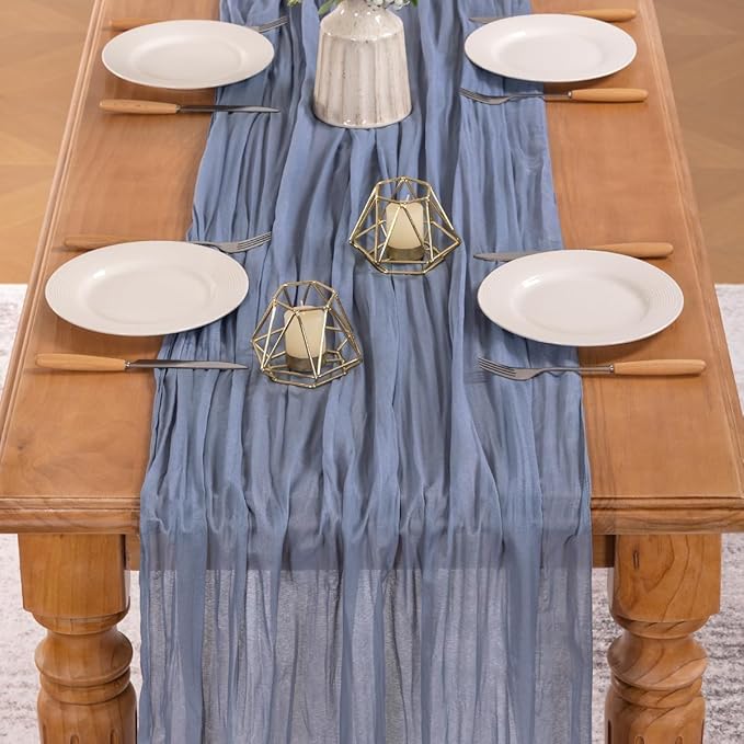 MLMW 4 Pack Dusty Blue Table Runner Cheesecloth Gender Reveal Boho Gauze Rustic Cheese Cloth Table Runner 160 inch Sheer 13.3ft for Wedding Party Baby Bridal Shower Birthday
