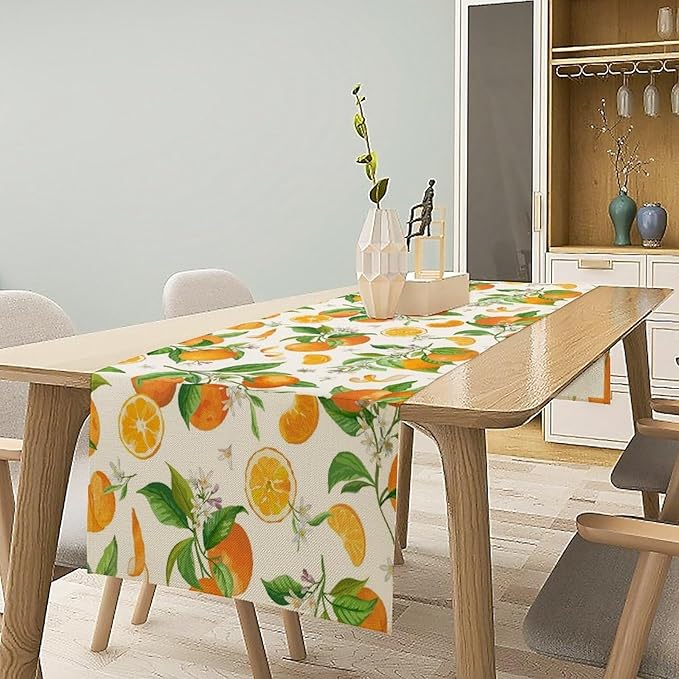 Spring Summer Orange Table Runner Vintage Citrus Lemon Fruit Mandarin Floral Dinner Runner for Farmhouse Baby Shower Party Holiday Home Kitchen Dining Table Decor 13x70