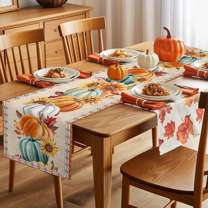 Fall Thanksgiving Southwest Cotton Linen Table Runner for Dining Kitchen, Orange Pumpkins Wedding Outdoor Party Rustic Tablerunners Decoration, Sunflower Dresser Scarf Tablecloth Runners 13x36 Inches