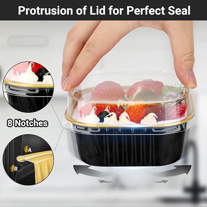 Baking Cups with Lids, 10 oz Square Aluminum, 50 Count in Black and Gold