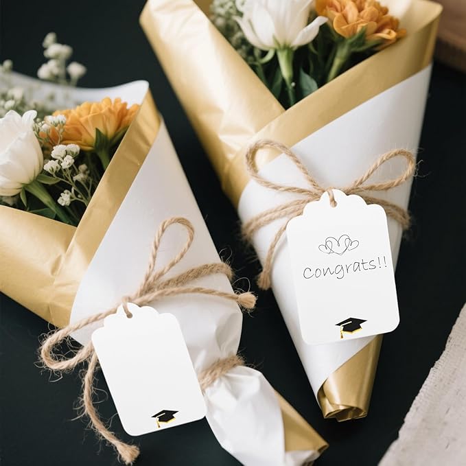 100Pcs Blank Gift Tags with String Foil Black Gold Grad Cap Large Paper Gift Tags with 65 Ft Jute Twine for Congratulations Graduation Congrats Grad Class of 2025 Party