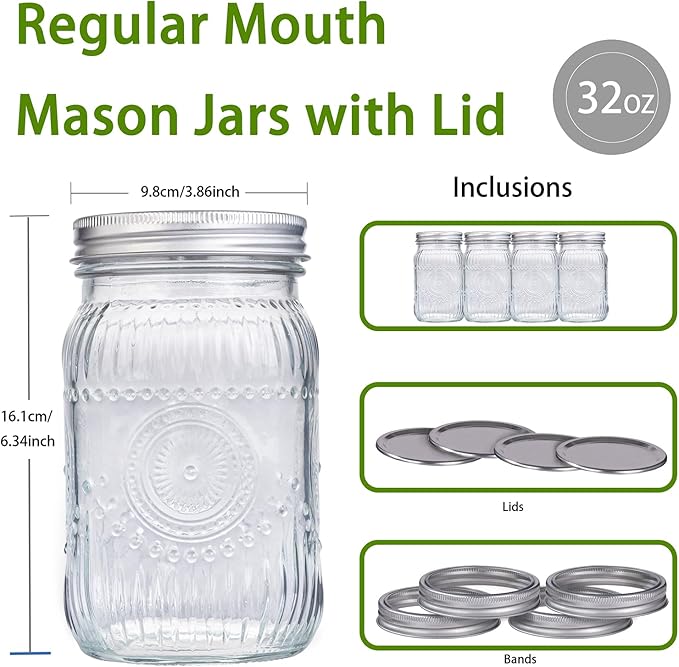 WELLIFE Wide Mouth Mason Jars, 6 Pcs Mason Jars 32 OZ for Preserving,Jam,Honey,Wedding Favors,Sauces,Meal Prep,Salad,Yogurt & Decor
