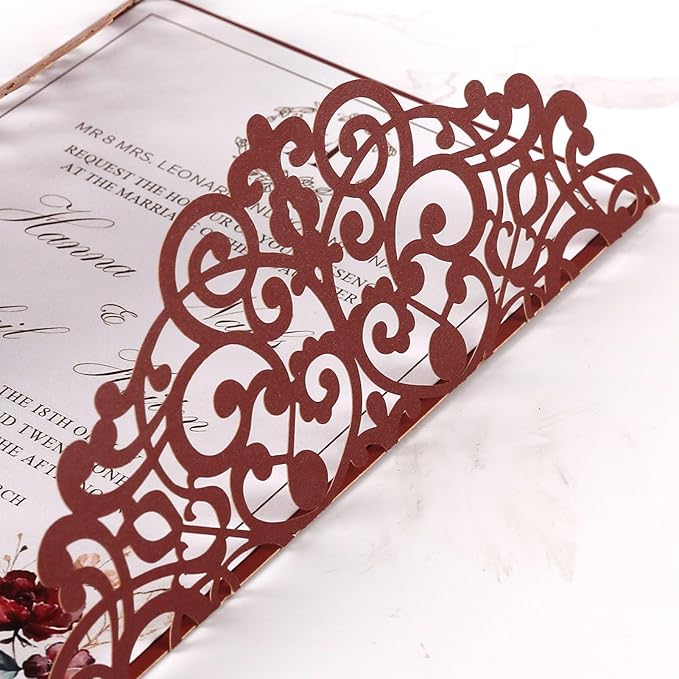 50pcs Burgundy Wedding Invitation Cards Pocket with Envelope Blank Inner Sheets Ribbons laser Cut invitations for Wedding Bridal Shower QuinceañEra Engagement Birthday Invites