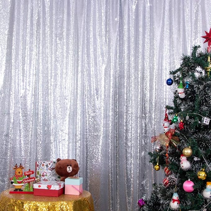 SquarePie Sequin Backdrop Non-Transparent Sparkly Background for Wedding Party 4FT x 7FT Silver